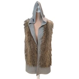 Tommy Hilfiger Women Hooded Faux Fur Vest Cardigan Sweater Gray XL